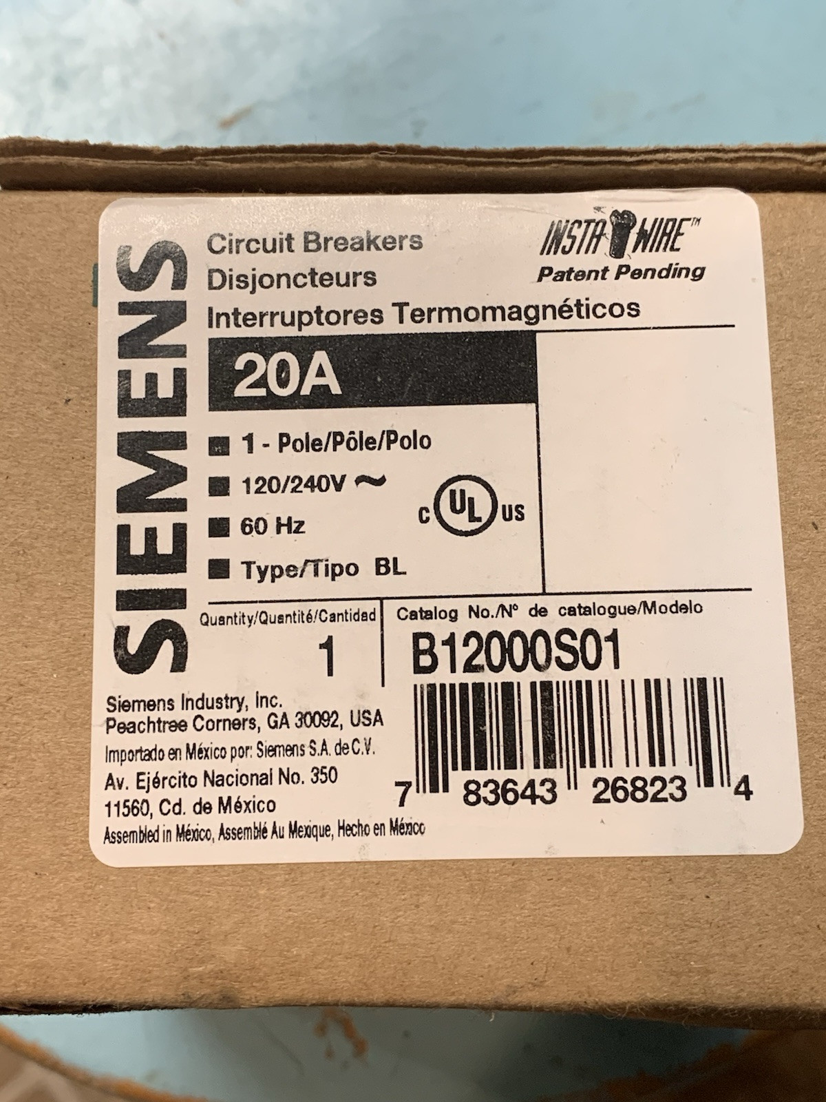 Siemens B12000S01 1 Pole 20 Amp Circuit Breaker w/ Shunt Trip