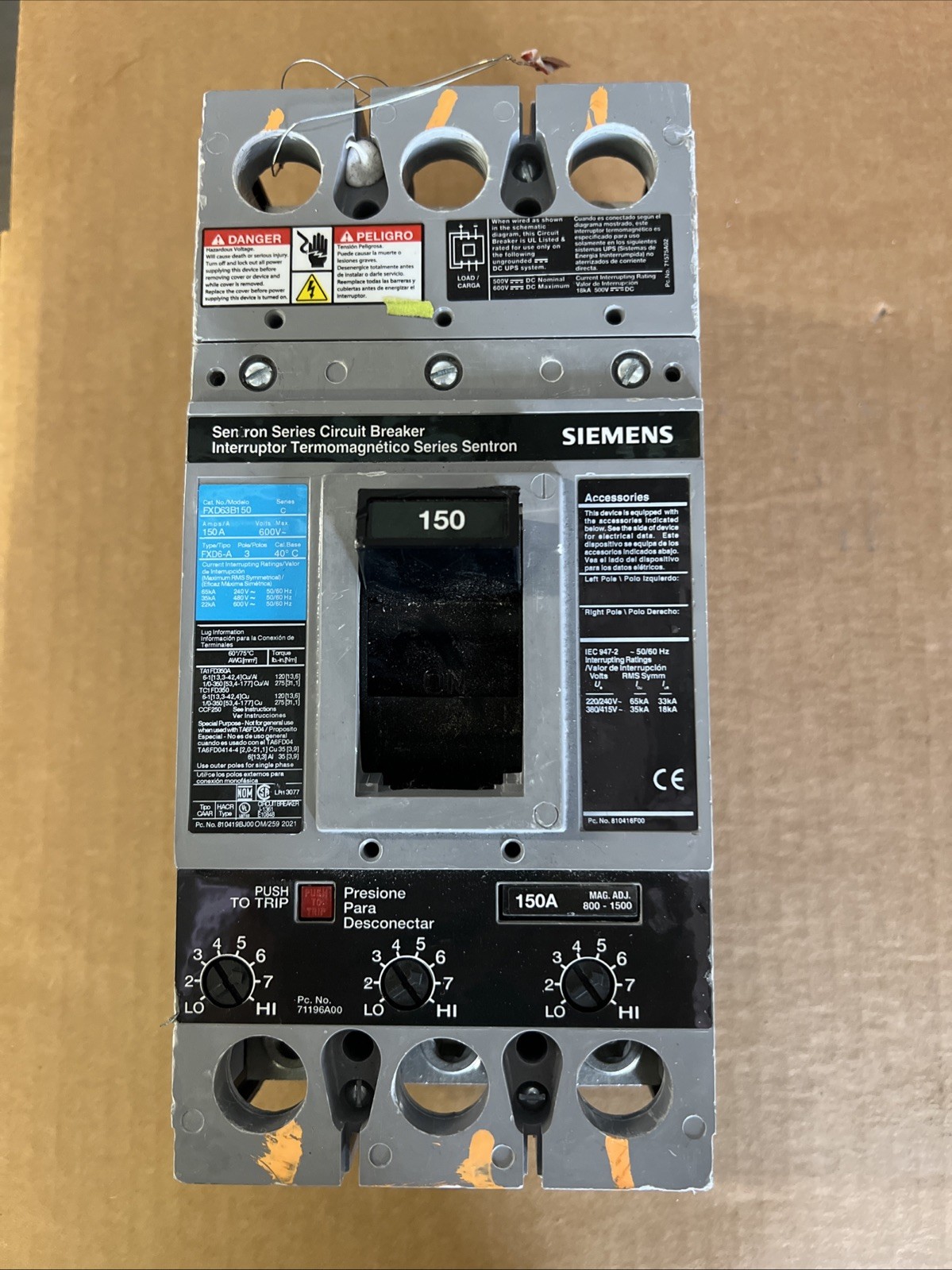 SIEMENS SENTRON FXD63B150 SER C 150 A FXD6-A 3 POLE CIRCUIT BREAKER
