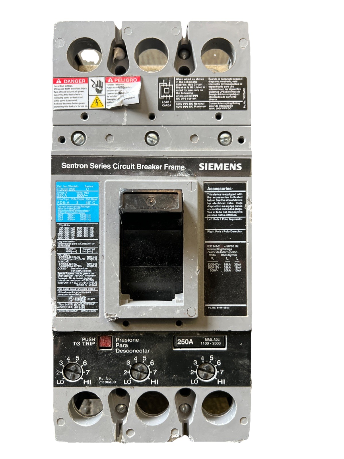 Siemens FD63F250 Sentron 3-Pole Circuit Breaker 600V Series C 250A