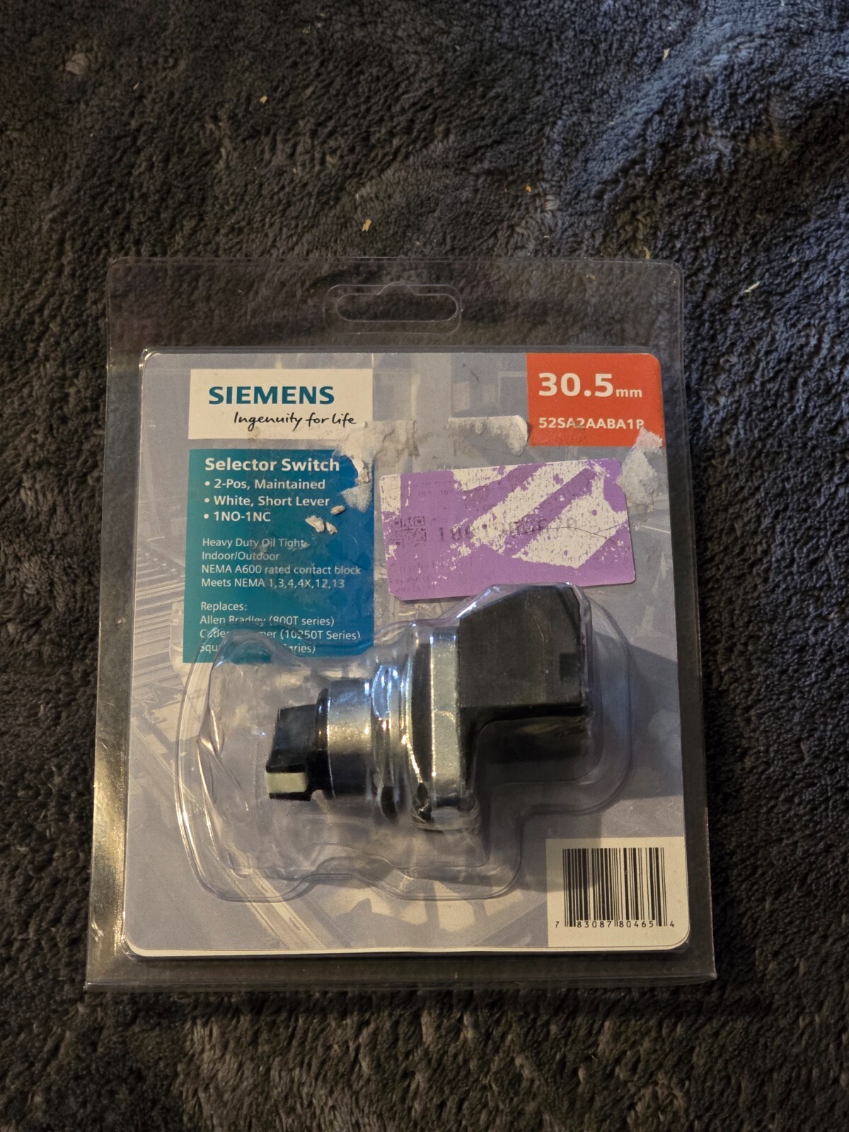 Siemens 52SA2AABA1P 30.5mm Selector Switch 2-POS. White Short Lever 1NO-1NC 