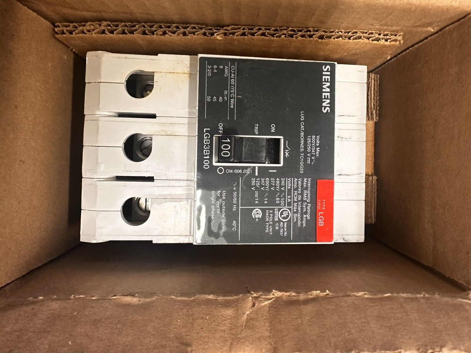 Siemens LGB3B100B 3 Pole 480V Circuit Breaker