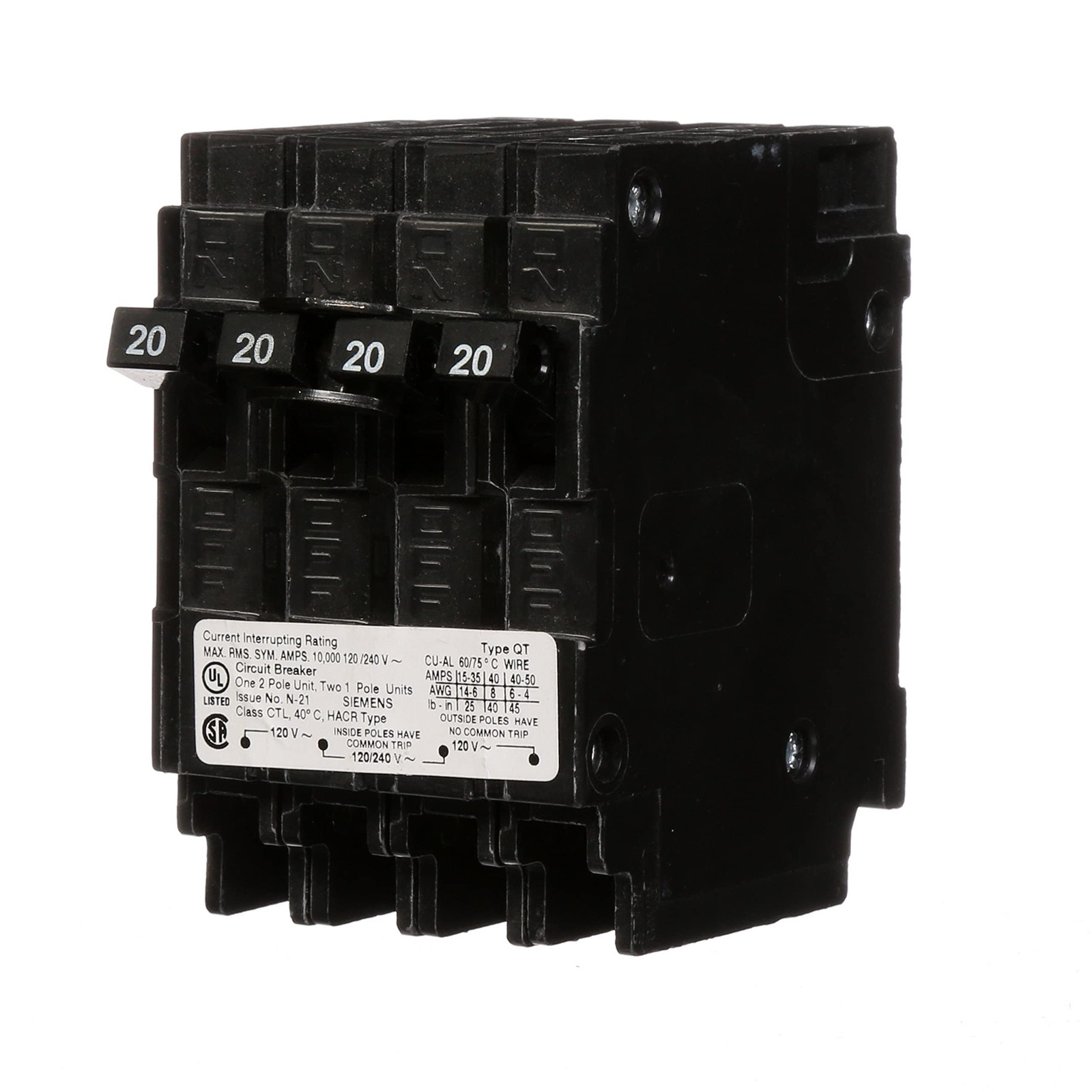 Siemens Q22020CT Triple Circuit Breaker, Plug-In, 20/20 Amps
