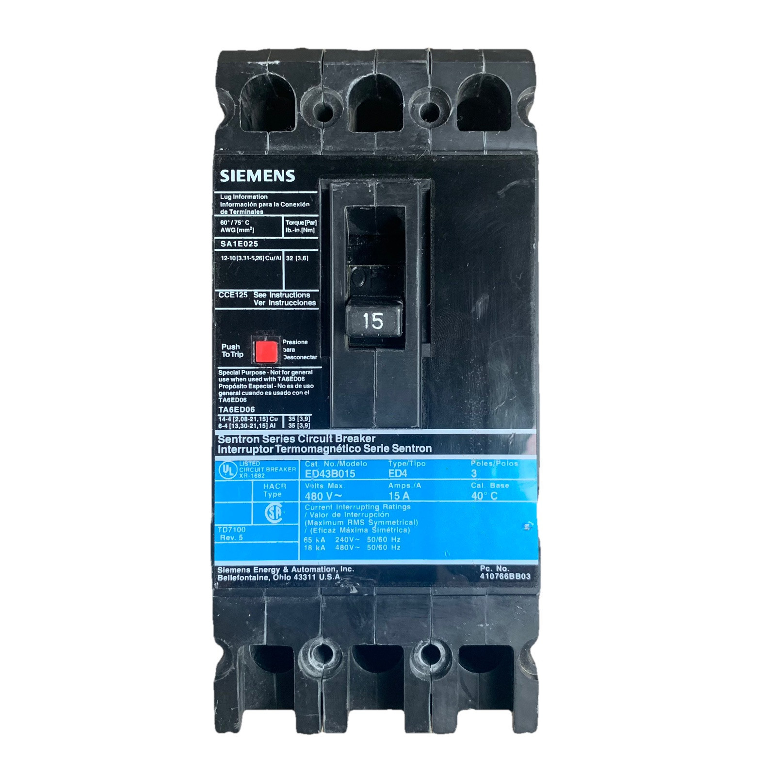 SIEMENS ED43B015 SENTRON SERIES CIRCUIT BREAKER 15A 480VAC 3P TYPE ED4