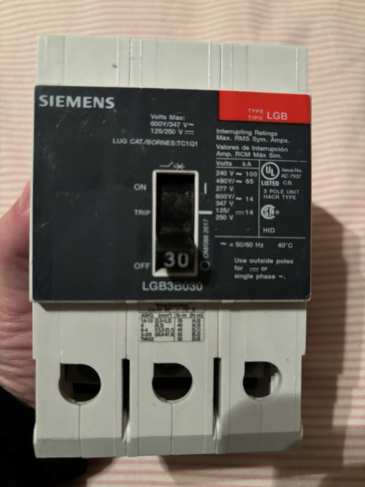 LGB3B030B - Siemens - Molded Case Circuit Breaker 30A 3pole 480V