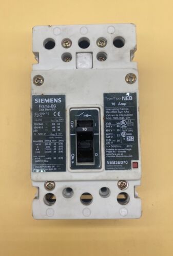 SIEMENS NEB3B070 3-P 70A 600V 35kA ON 480V CIRCUIT BREAKER TYPE NEB
