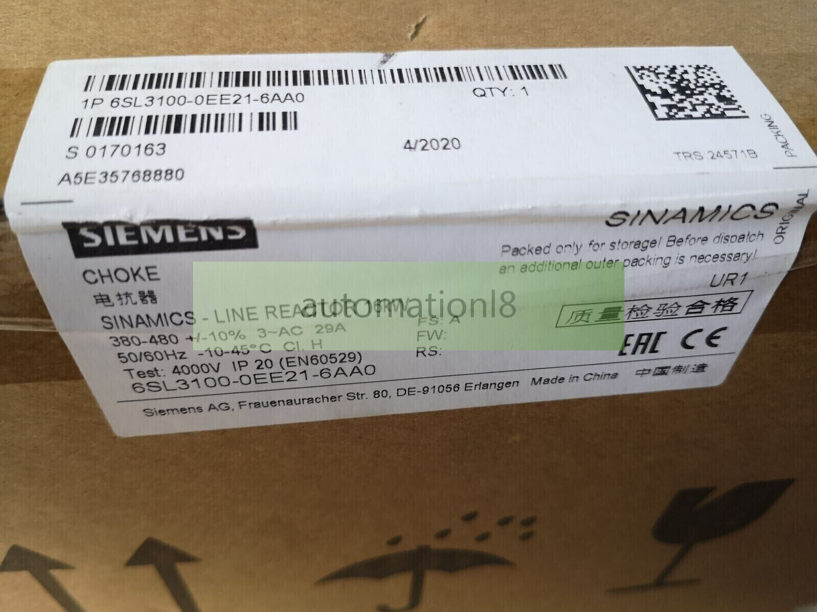 6SL3 100-0EE21-6AA0 NEW SIEMENS 6SL3100-0EE21-6AA0 SINAMICS LINE REACTOR MODULE