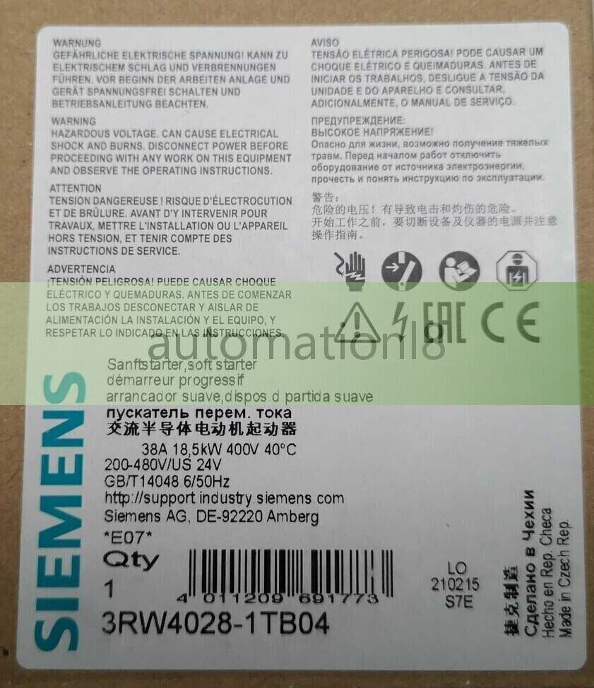3RW4028-1TB04 NEW SIEMENS 3RW40281TB04 SIRIUS Soft Starter S0 38 A 18.5 kW/400V