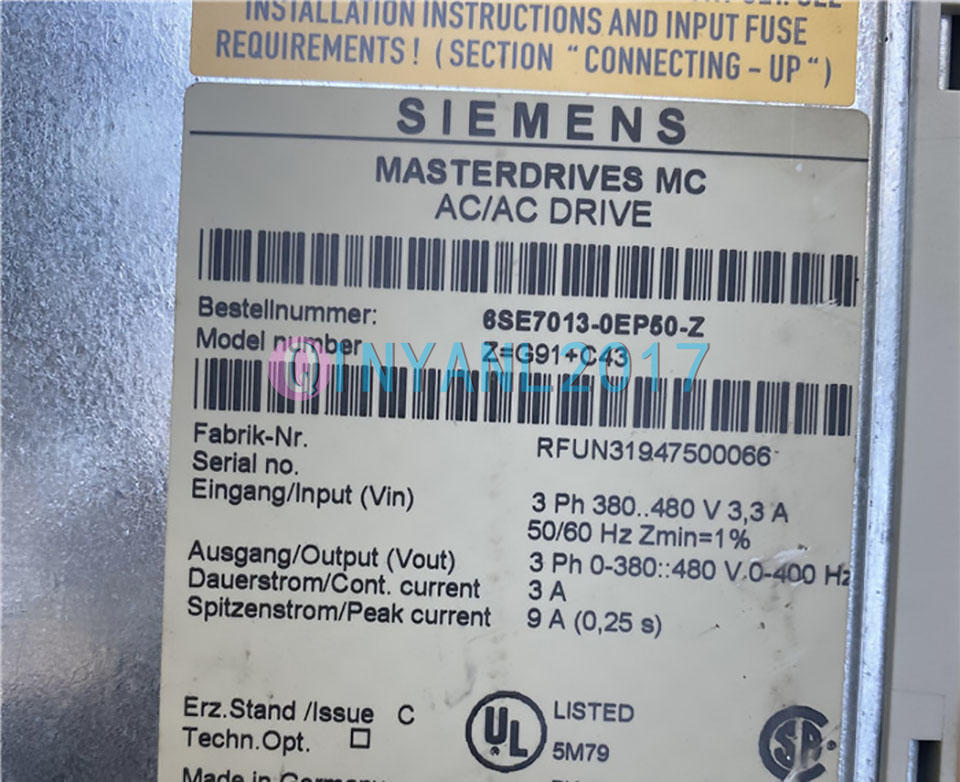 ONE SIEMENS Main Drive 6SE7013-0EP50-Z Z=G91+C43 USED