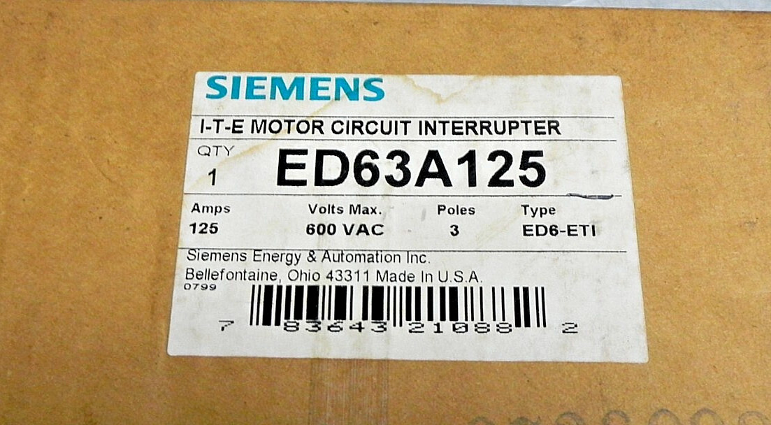 SIEMENS ED63A125 I-T-E 125A 600VAC 3P CIRCUIT BREAKER ED6-ETI