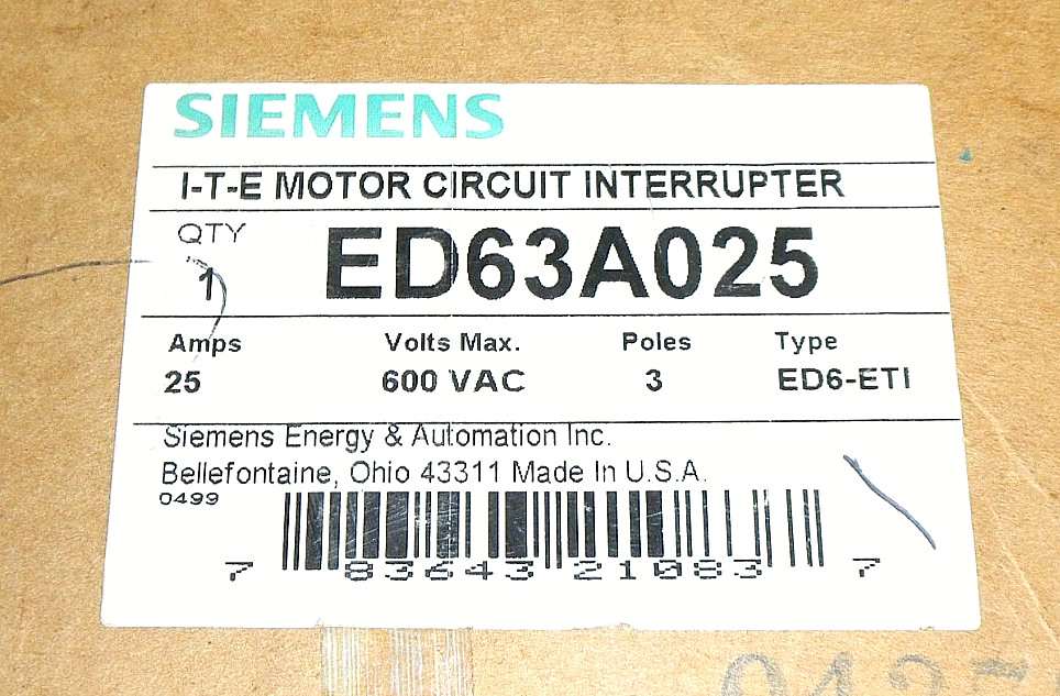 SIEMENS ED63A025 25A 600VAC ED6-ETI 3P CIRCUIT BREAKER