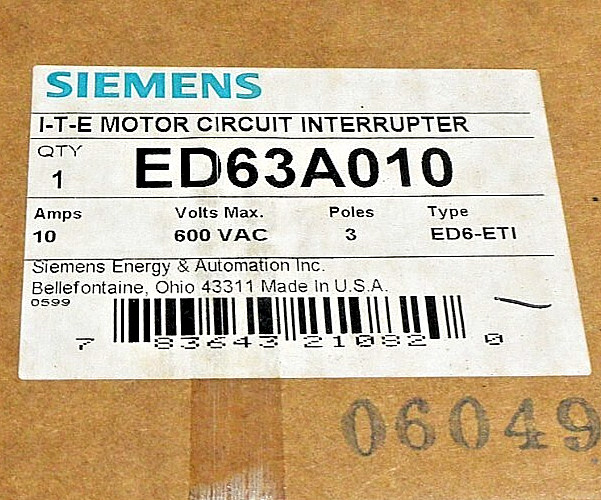 SIEMENS ED63A010 10A 600VAC 3P I-T-E- CIRCUIT BREAKER