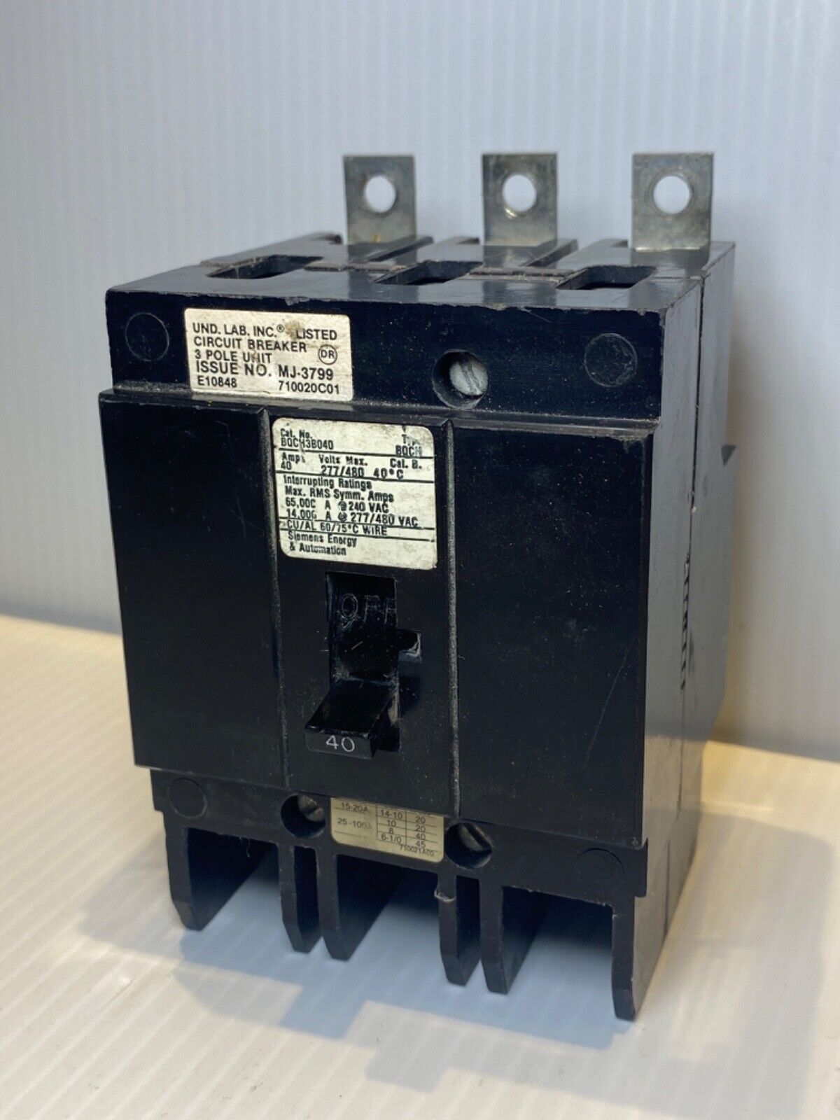 TESTED ✅ Siemens BQCH3B040 Circuit Breaker 40A 3P 277/480V 3 Pole 40 Amp
