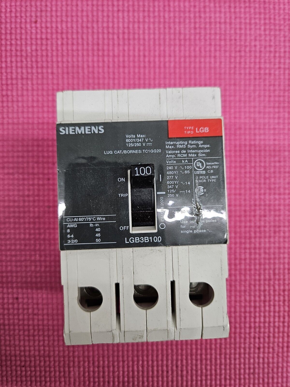 Siemens LGB3B100B 3 Pole 480V Circuit Breaker