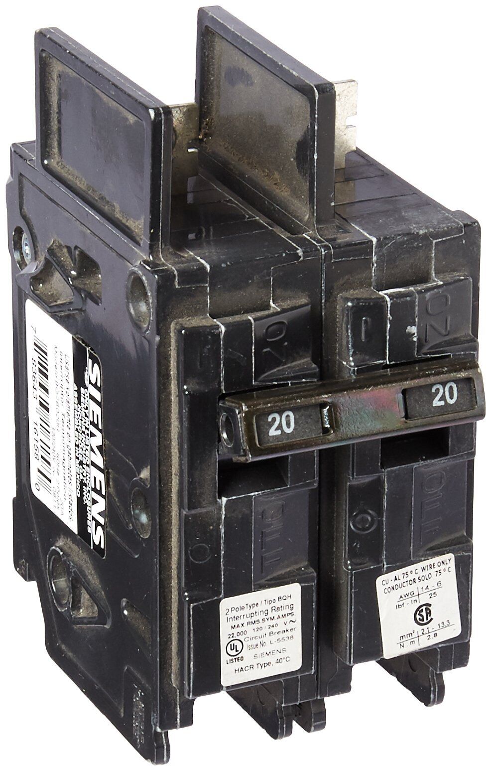 Siemens BQ2B020H 20-Amp Double Pole 120/240-Volt 22KAIC Lug In/Lug Out Breaker