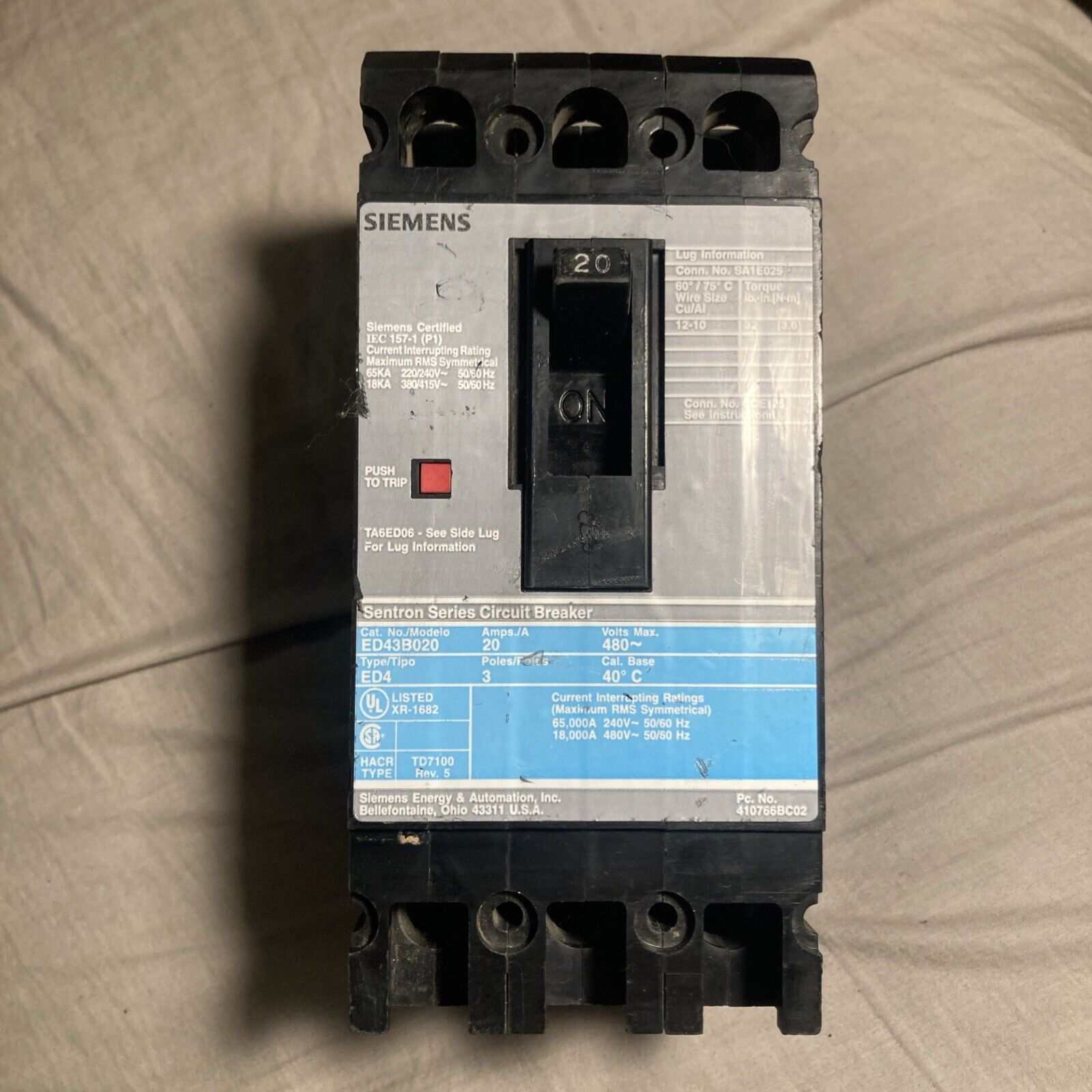 ITE Siemens ED43B020 20 Amp 3 Pole 480V ED4 Bolt On Circuit Breaker