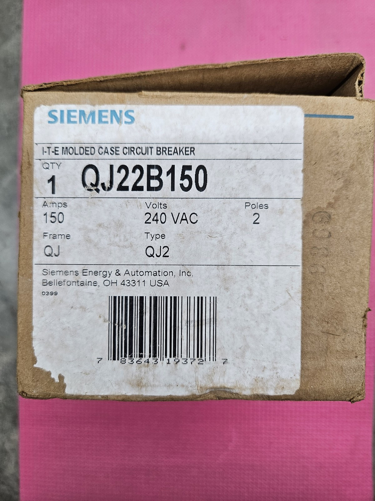 Siemens QJ22B150 150A 240 VAC 2 Pole CIRCUIT BREAKER