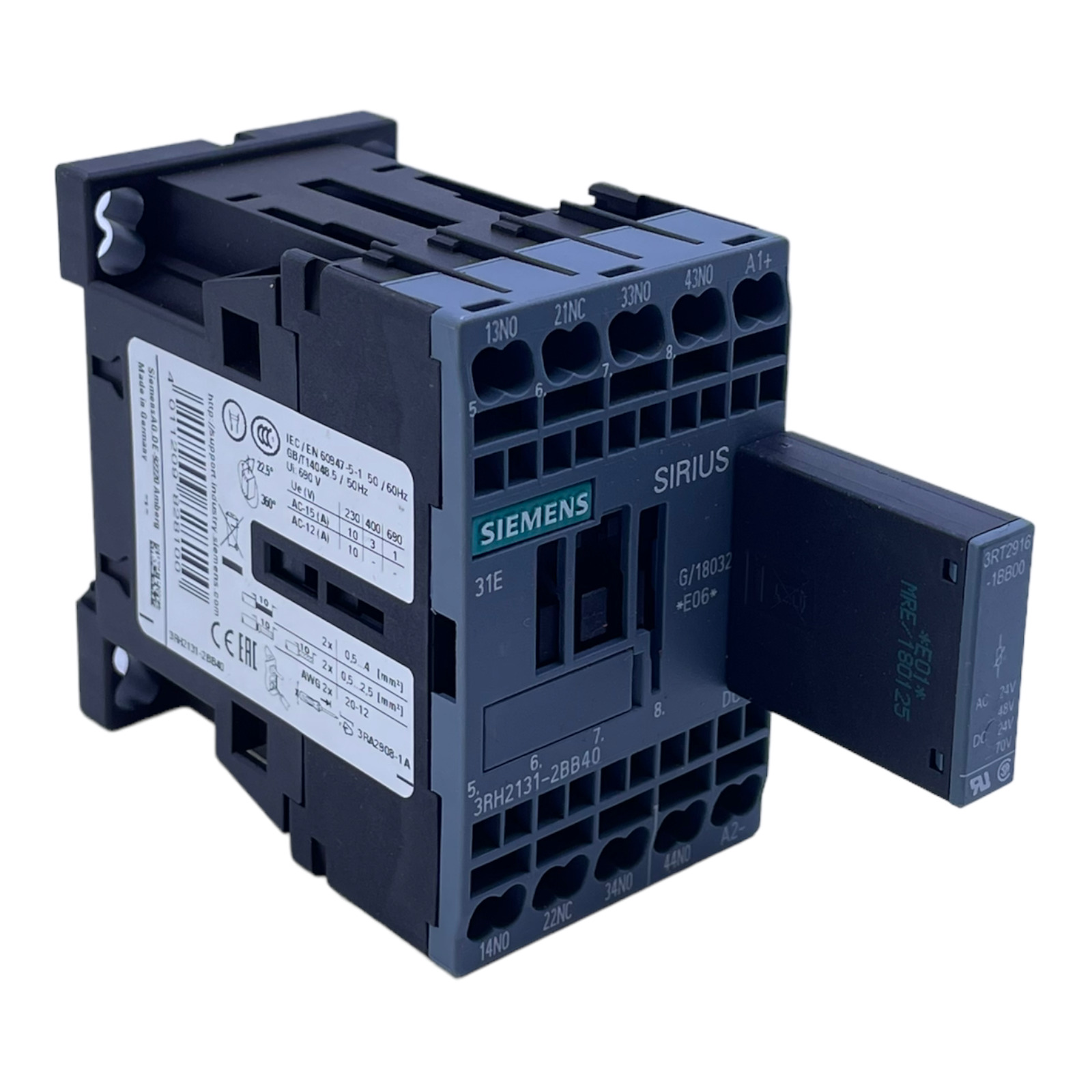 Siemens 3RH2131-2BB40 Auxiliary Contactor 24V DC 50/60Hz +3RT2916-1BB00 Auxiliary Contactor