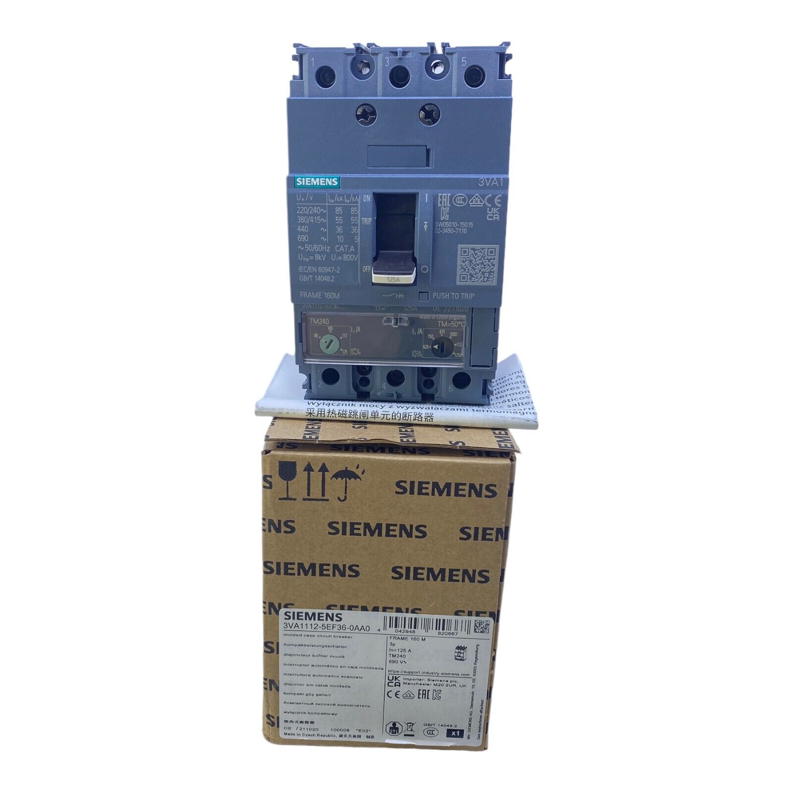 Siemens 3VA1112-5EF36-0AA0 Circuit Breaker 690V 88-125A/AC/ 3 Pole Fixed Mount