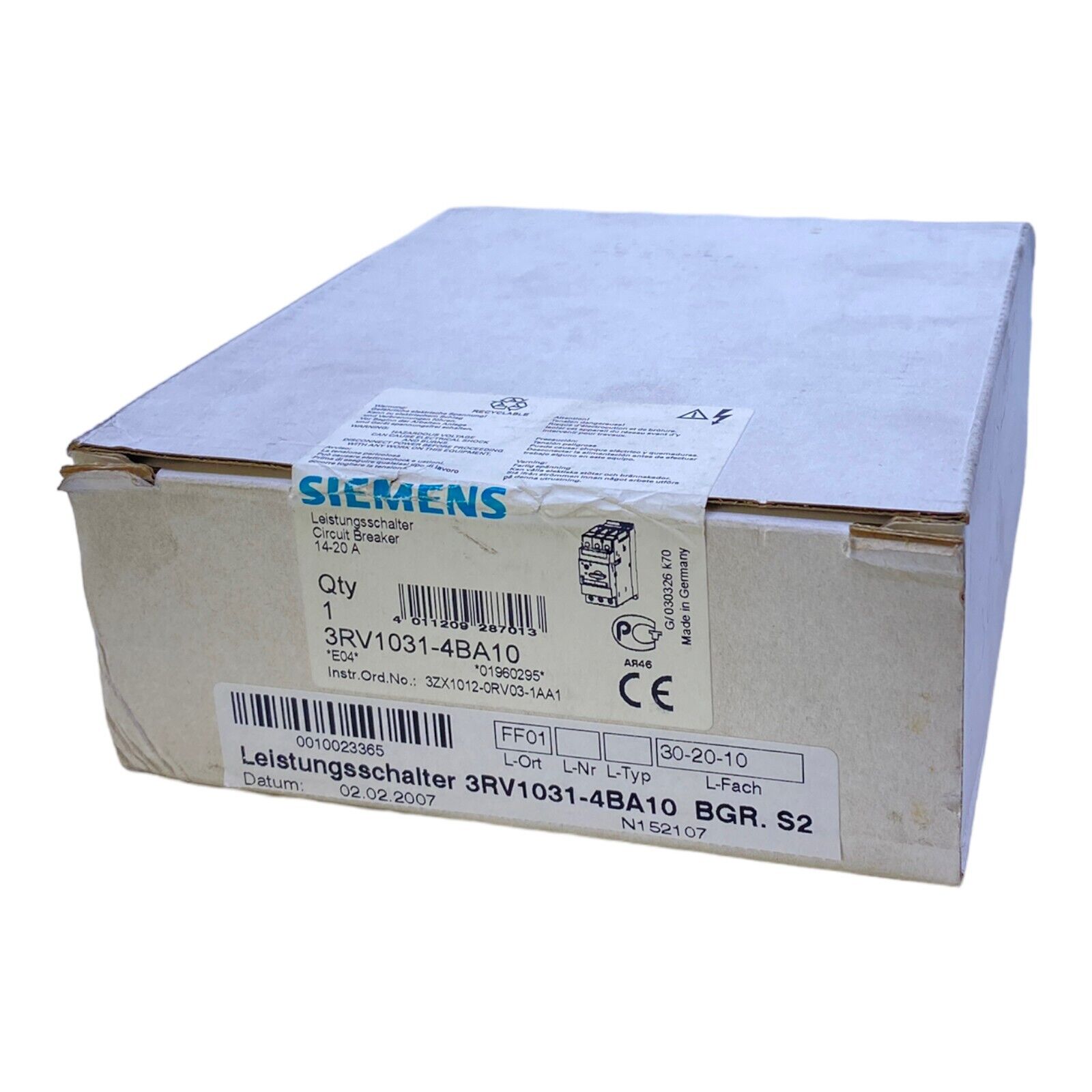 Siemens 3RV1031-4BA10 Industrial Circuit Breaker 14-20A 3 Pole