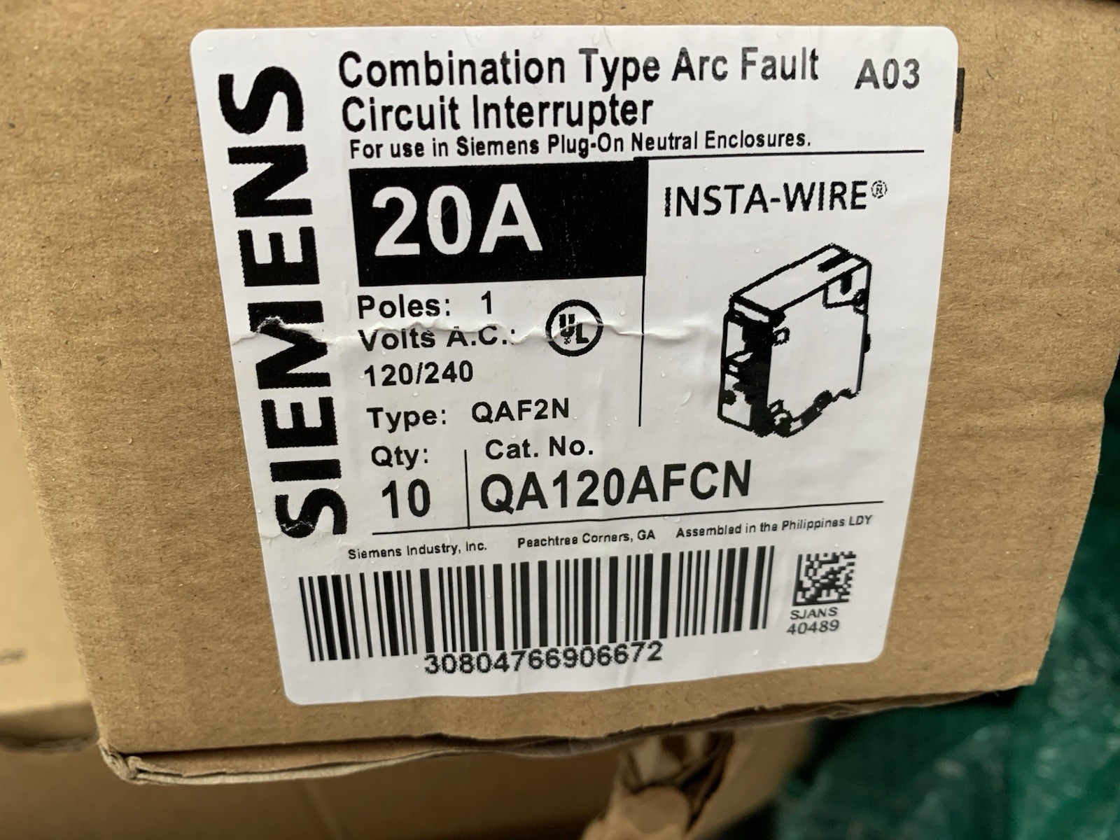 Lot 10 Siemens  QA120AFCNP Plug-On Neutral 20A Combo Type Arc-Fault Circuit