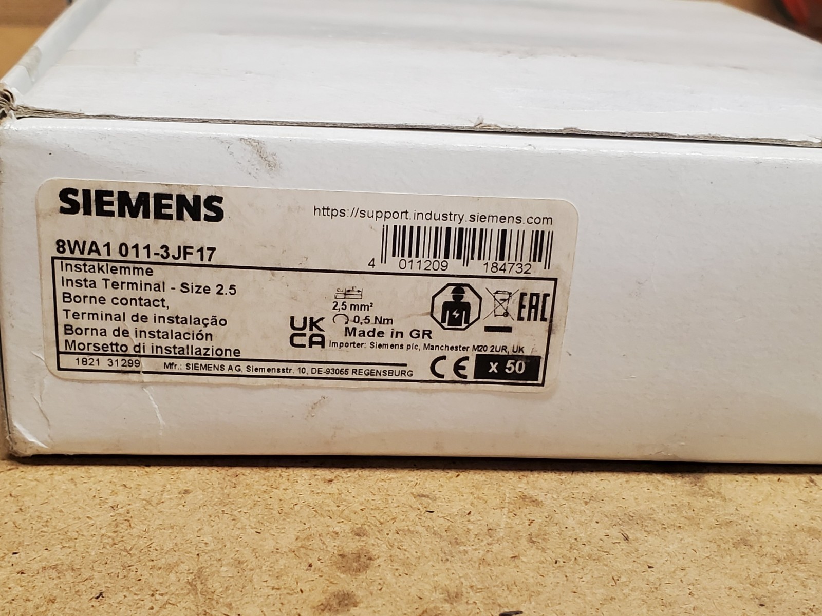 Siemens 8WA1 011-3JF17 Terminal Block Size 2.5 Box Of 50