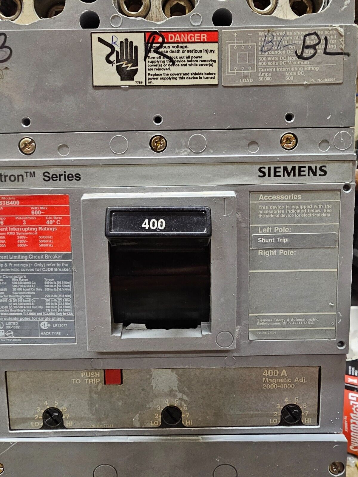 SIEMENS CJD63B400 CIRCUIT BREAKER used