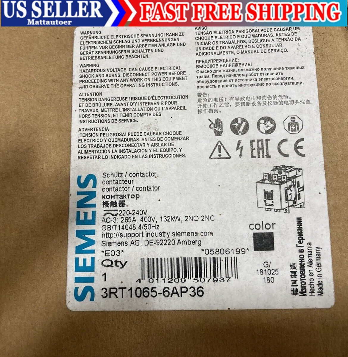 1PCS NEW In Box Siemens 3RT1065-6AP36 P0wer C0ntact0r  Quality assurance