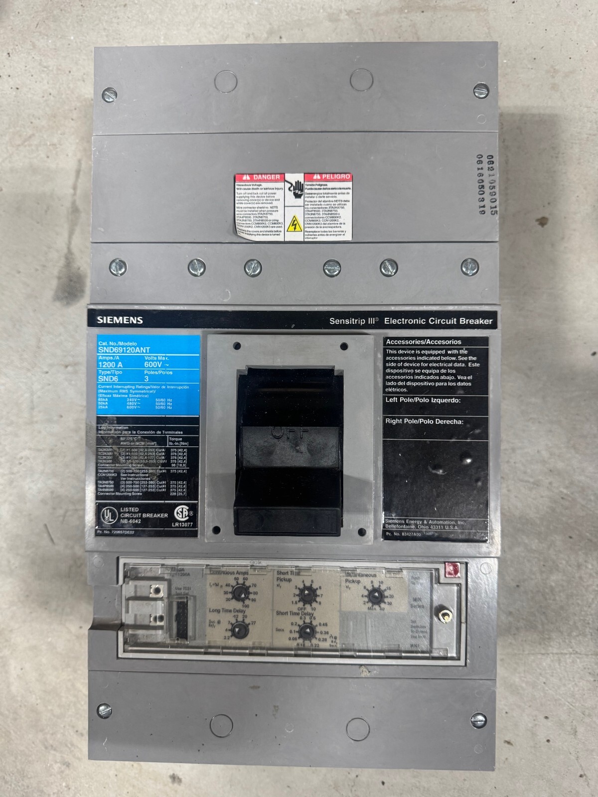 SIEMENS SND69120ANT 1200a 600v 3p Breaker