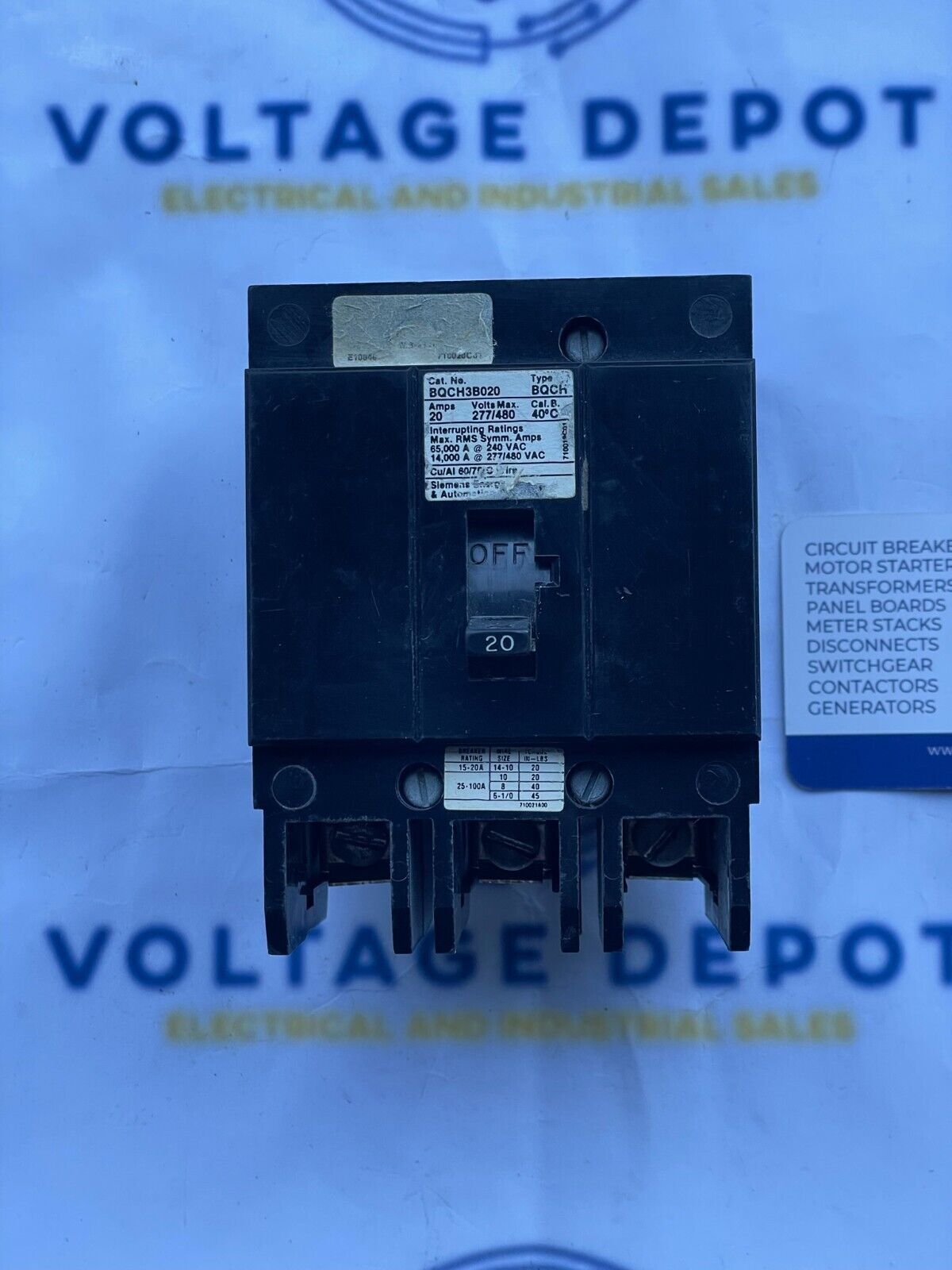 SIEMENS BQCH3B020 20A 480V 65kA@240V 3P BOLT-ON CIRCUIT BREAKER - 6mo warranty