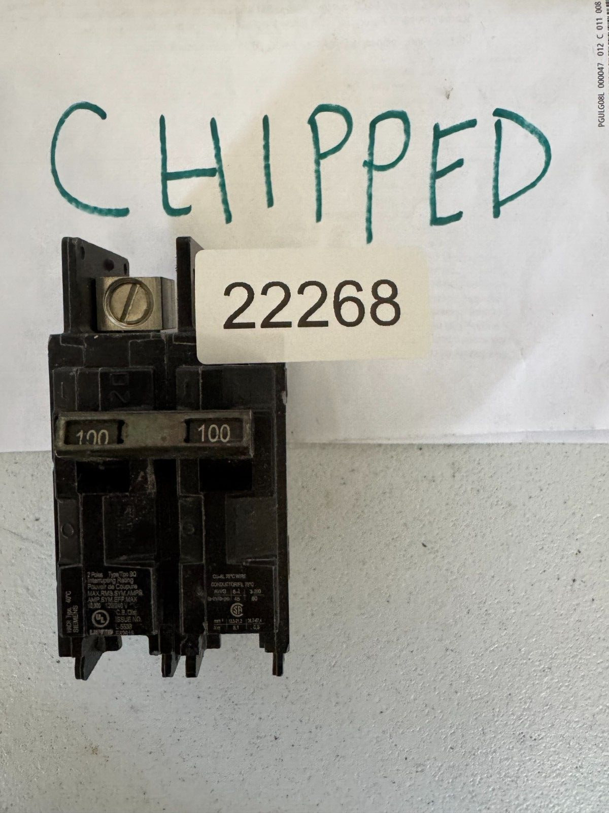 Siemens BQ2B100L Double 2 Pole 100 Amp Lug In/Lug Out Breaker "Chipped"