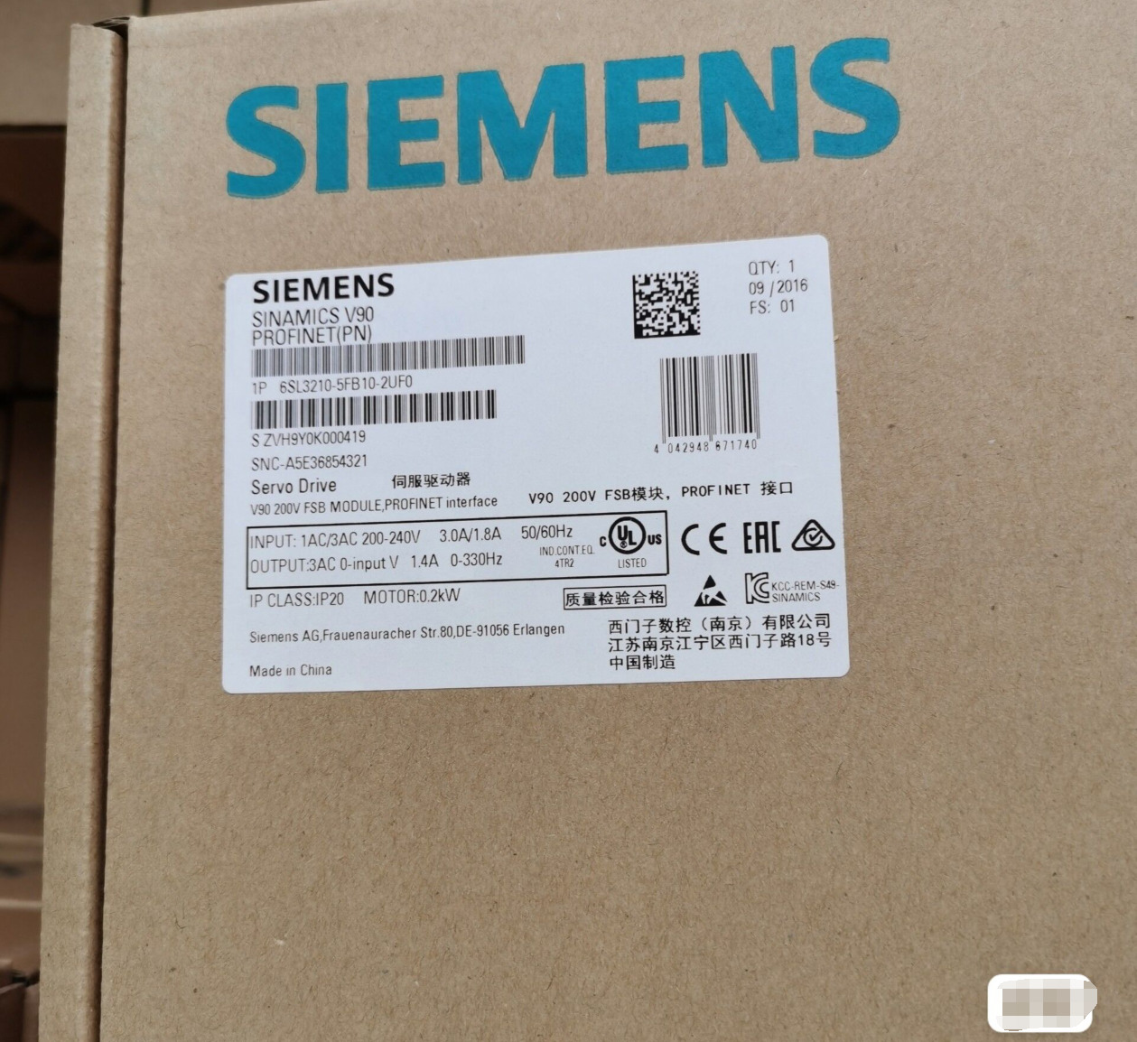 1PCS New Siemens 6SL3210-5FB10-2UF0 V90 Servor Sriver In Box Brand