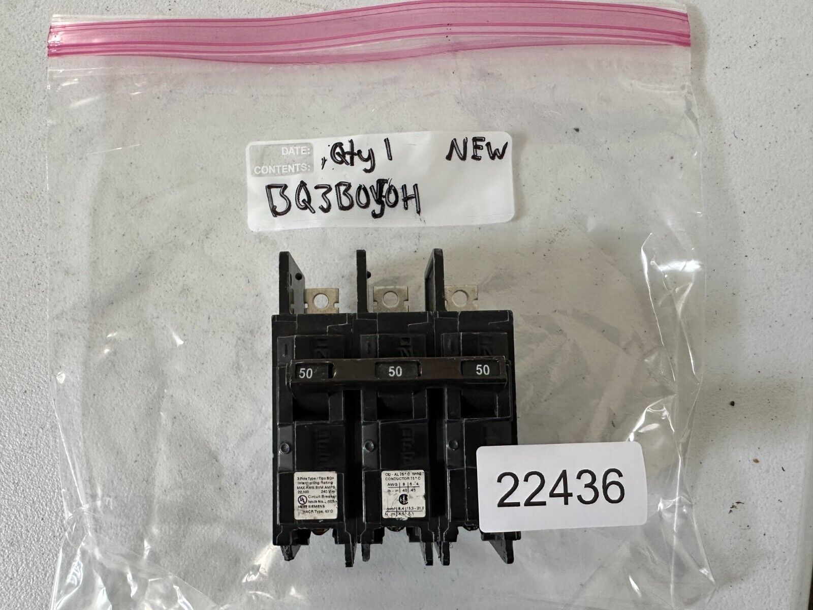 Siemens BQ3B050H 50-Amp Three Pole 240-Volt 22KAIC Lug In/Lug Out Breaker