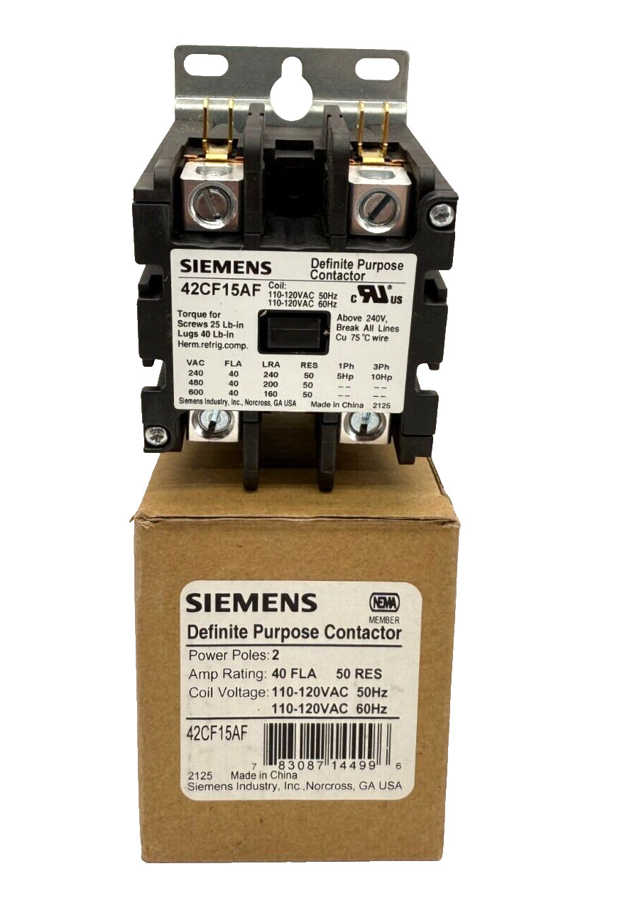SIEMENS 42CF15AF 110-120VAC Definite Purpose Contactor 2-Pole, 40A, 208-240VAC