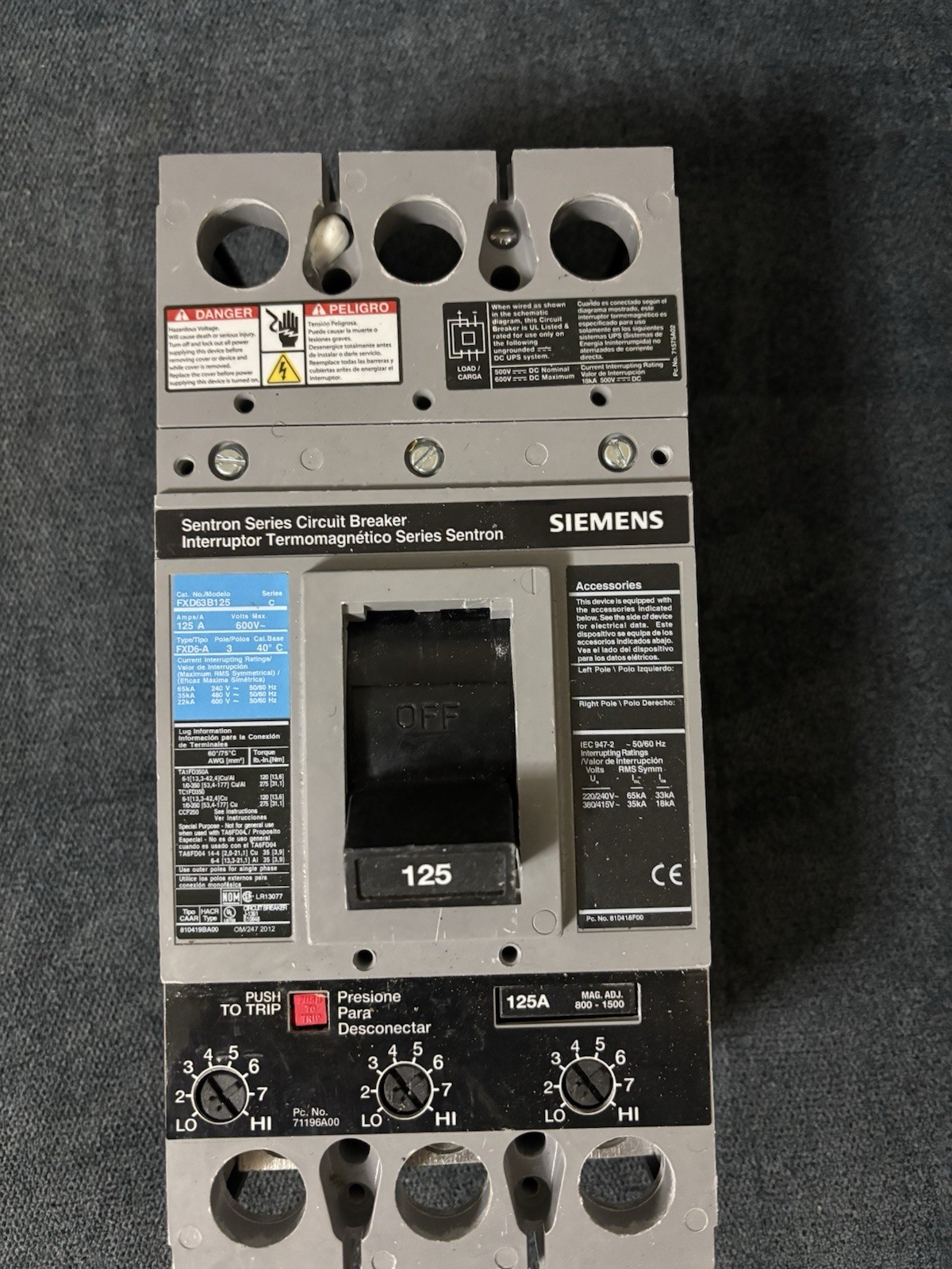 Siemens FXD63B125 125 Amp 600V 3 Pole Circuit Breaker 