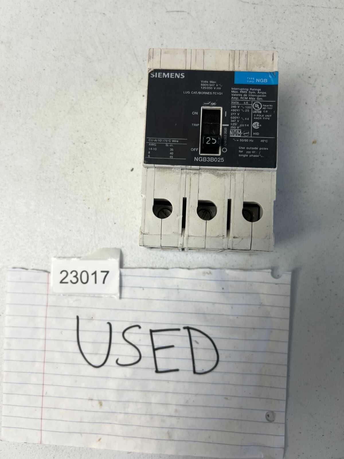 Siemens NGB3B025 Circuit Breaker 25 Amp 3 Pole 480 Vac