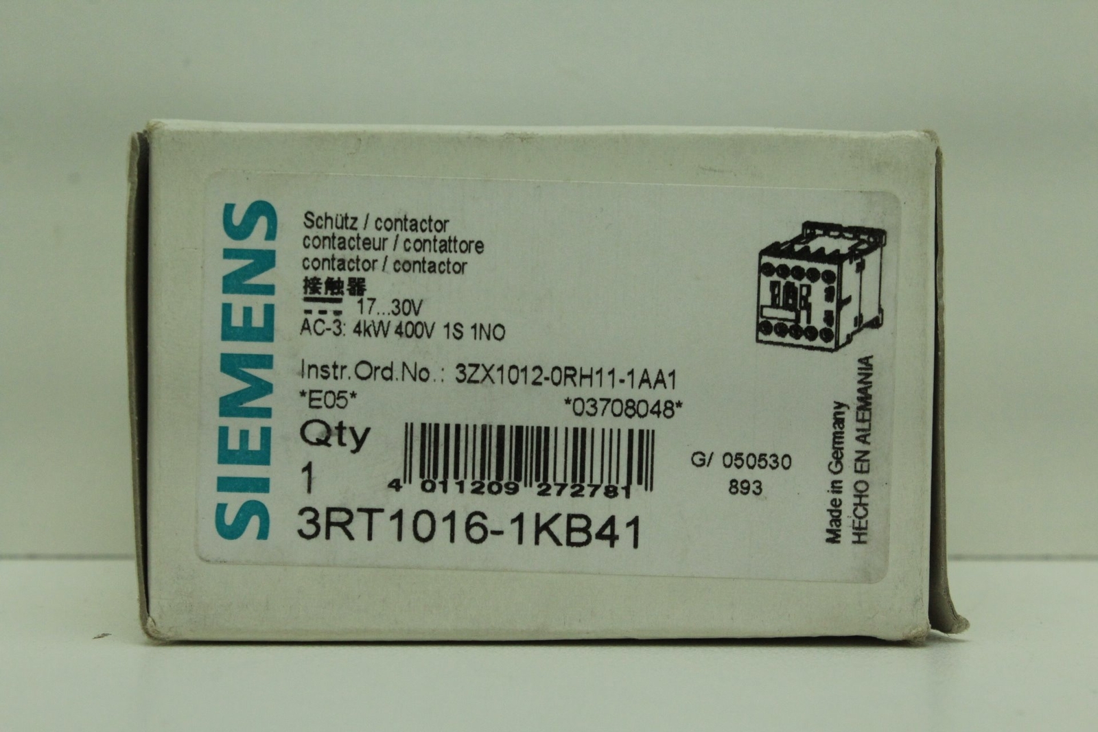 Siemens 3RT1016-1KB41 Power Contactor 4kW 400V 1S 1NO "New & Original Packaging"