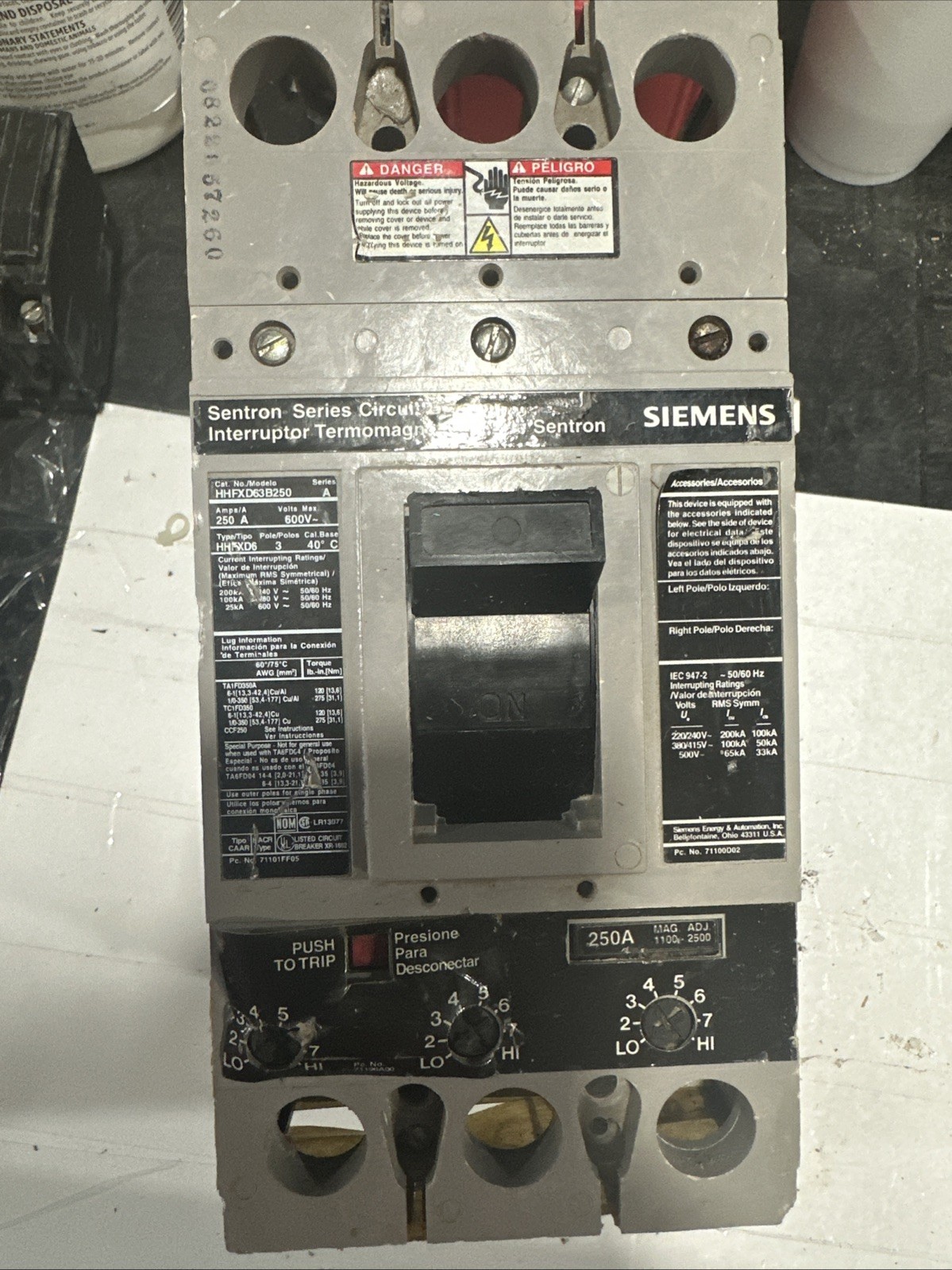 HHFXD63B250 - Siemens Bolt-On 600V 250A 3 pole circuit breaker 100kA@480V