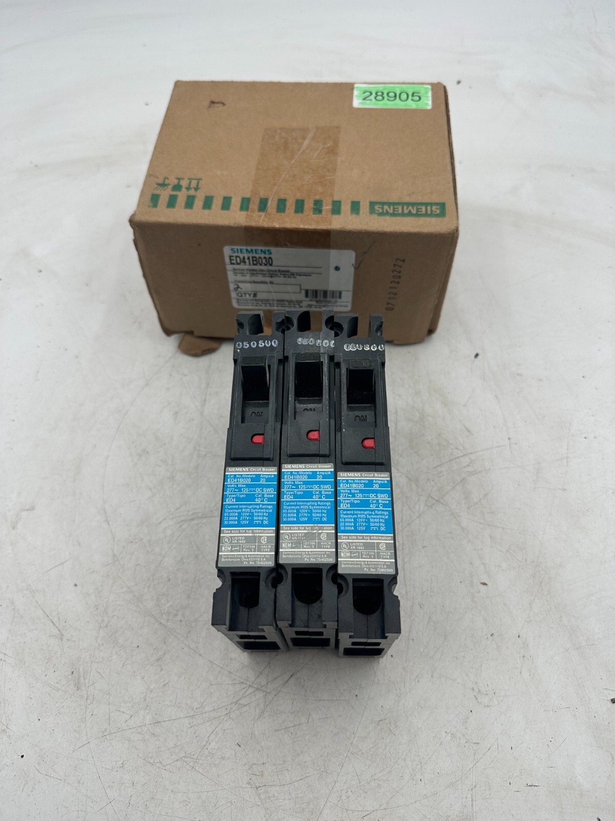 Siemens ED41B020 Circuit Breaker 20 Amp 1 Pole 277 Vac Pack of 3