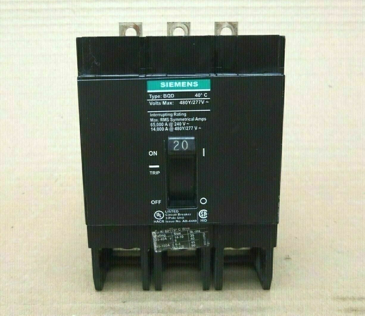Siemens BQD BQD320 3 Pole 20 Amp 480V Circuit Breaker