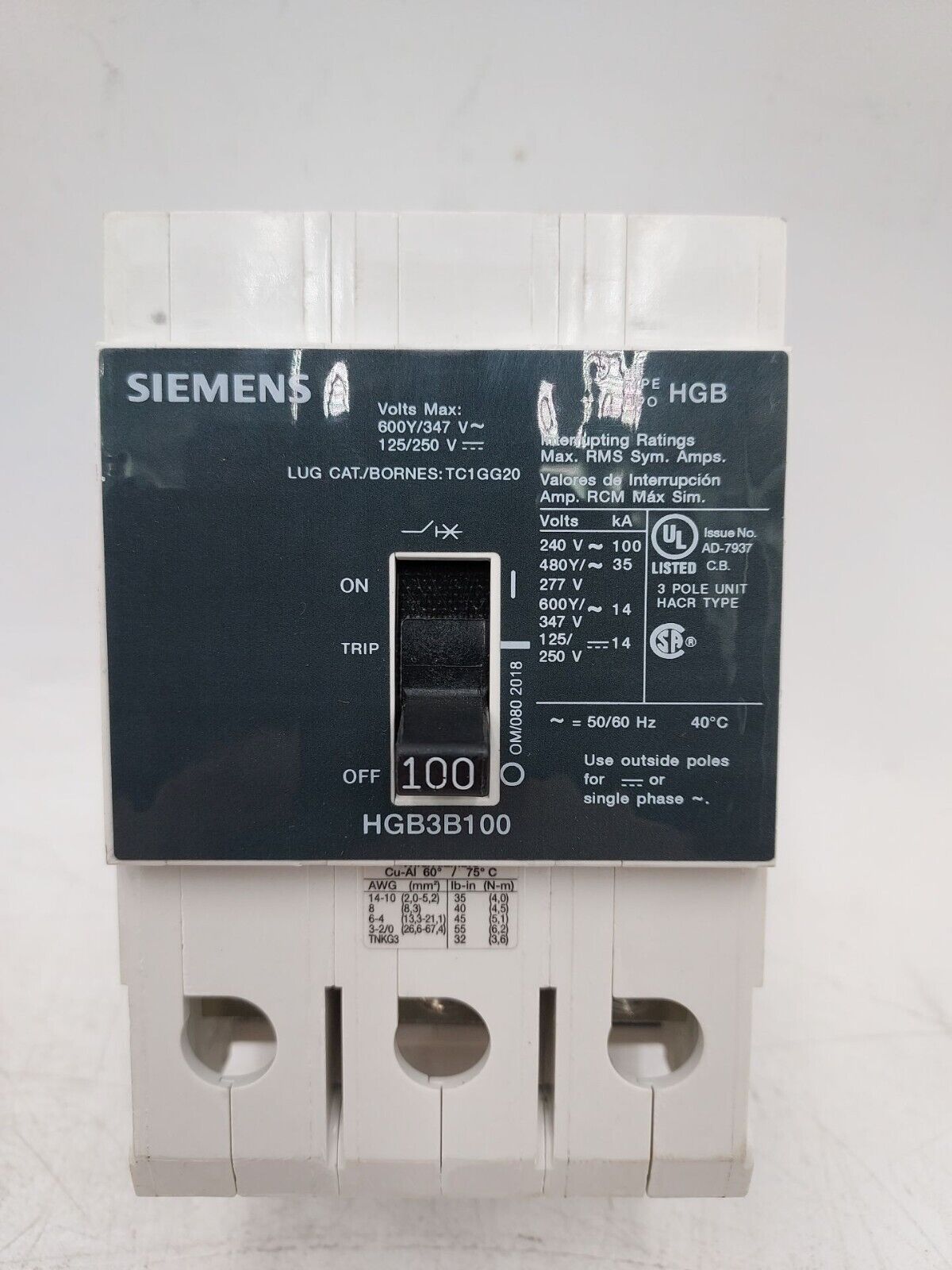 SIEMENS HGB3B100 Bolt On Circuit Breaker 100A 3P 600V HGB 100 Amp 3 Pole Tested