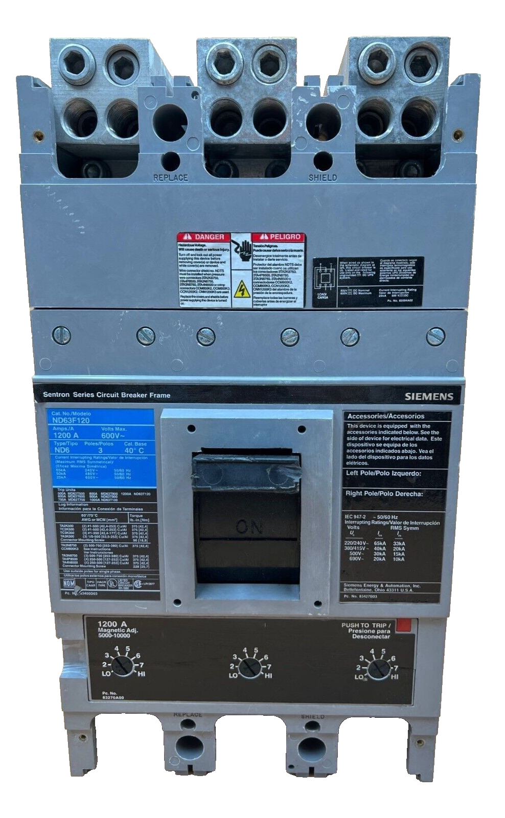 Siemens ND63F120 Circuit Breaker 1200A 600P 3V 3PH Bolt On Tested Used