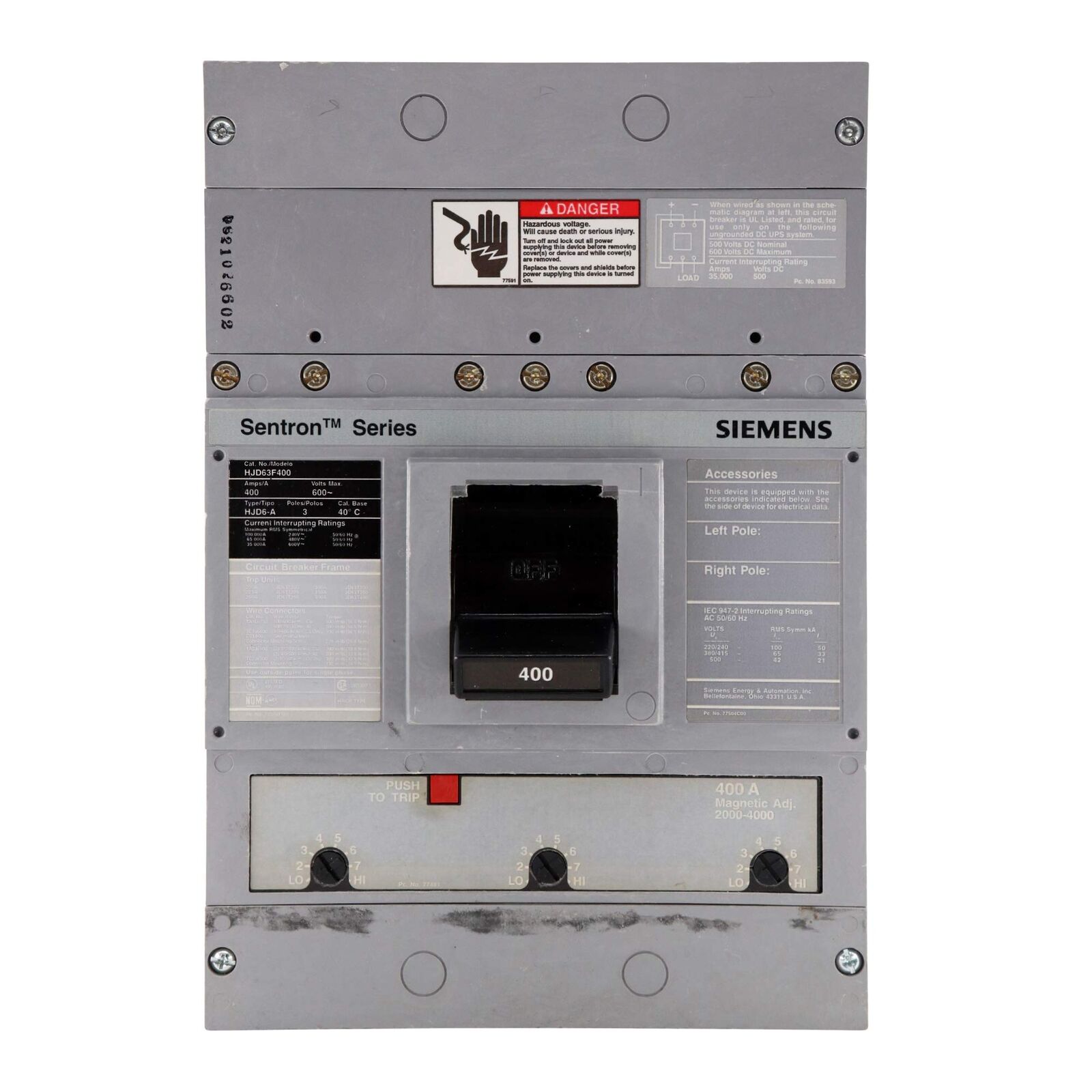 Siemens HJD63F400 Sentron Molded Case Circuit Breaker, HJD6-A, 3-Pole 400A, 600V