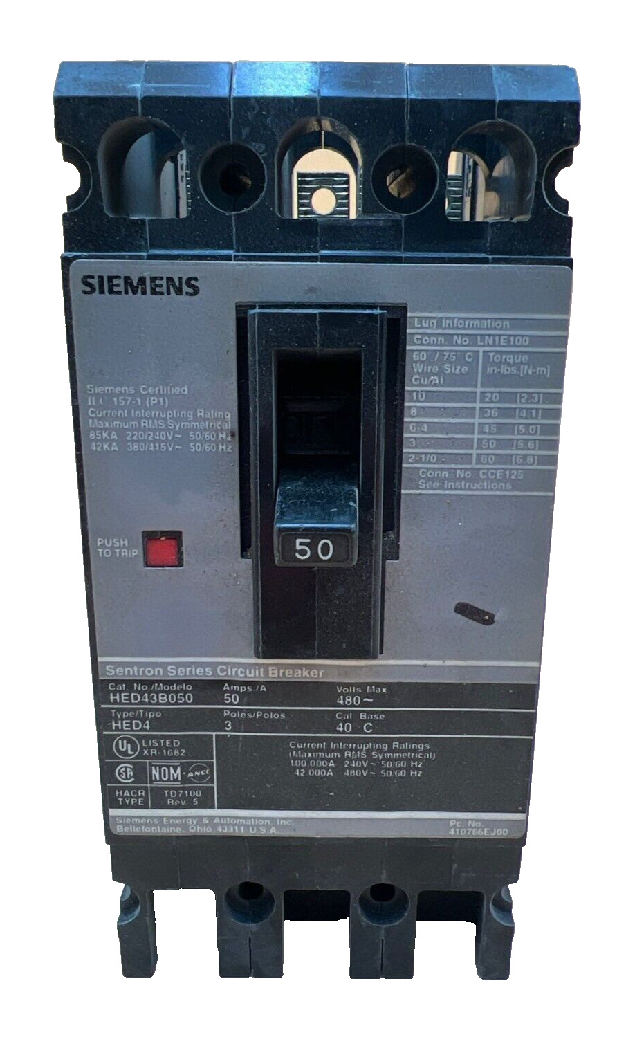 Siemens HED43B050 Circuit Breaker 50A 3P 480V 3PH 50 Amp Lug to Lug Tested Used