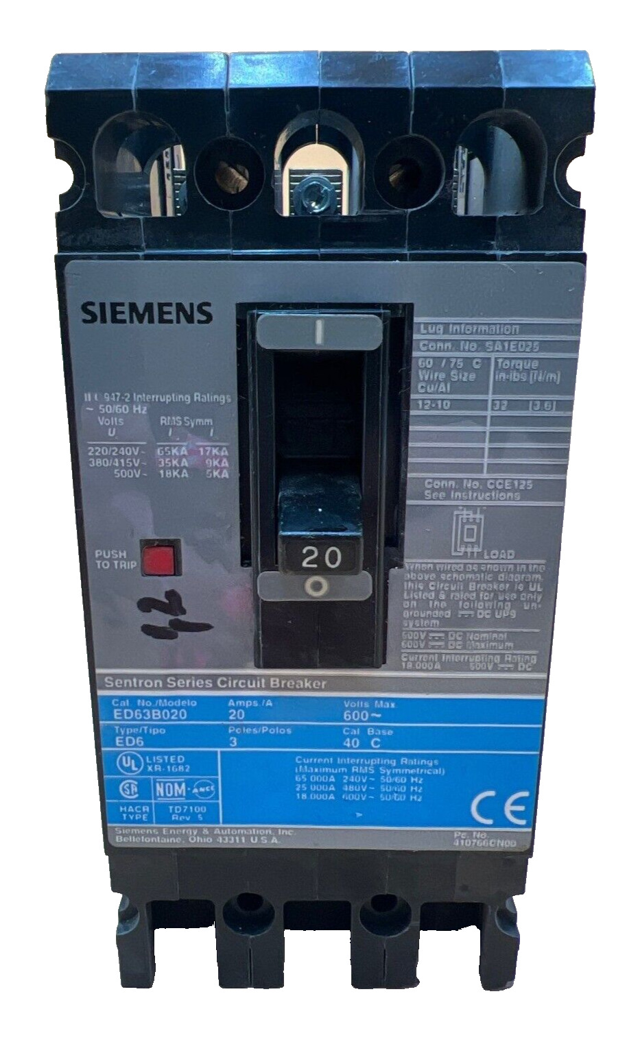 Siemens ED63B020 20A 600V 3P 3PH Bolt on Circuit Breaker 20 Amp Tested Used