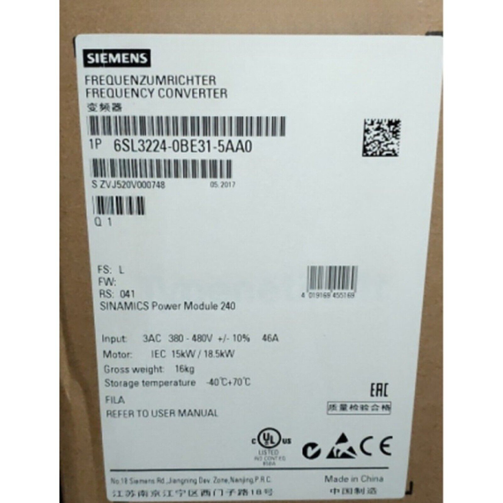 New Siemens 6SL3224-0BE31-5AA0 G120 PM240 Power Module 6SL3 224-0BE31-5AA0