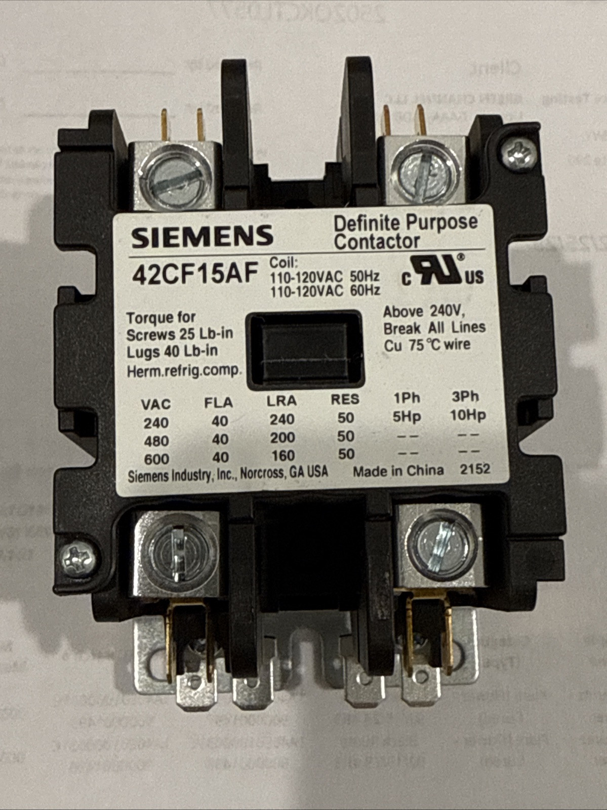 SIEMENS Definite Purpose Contactor 42CF15AF 110-120VAC