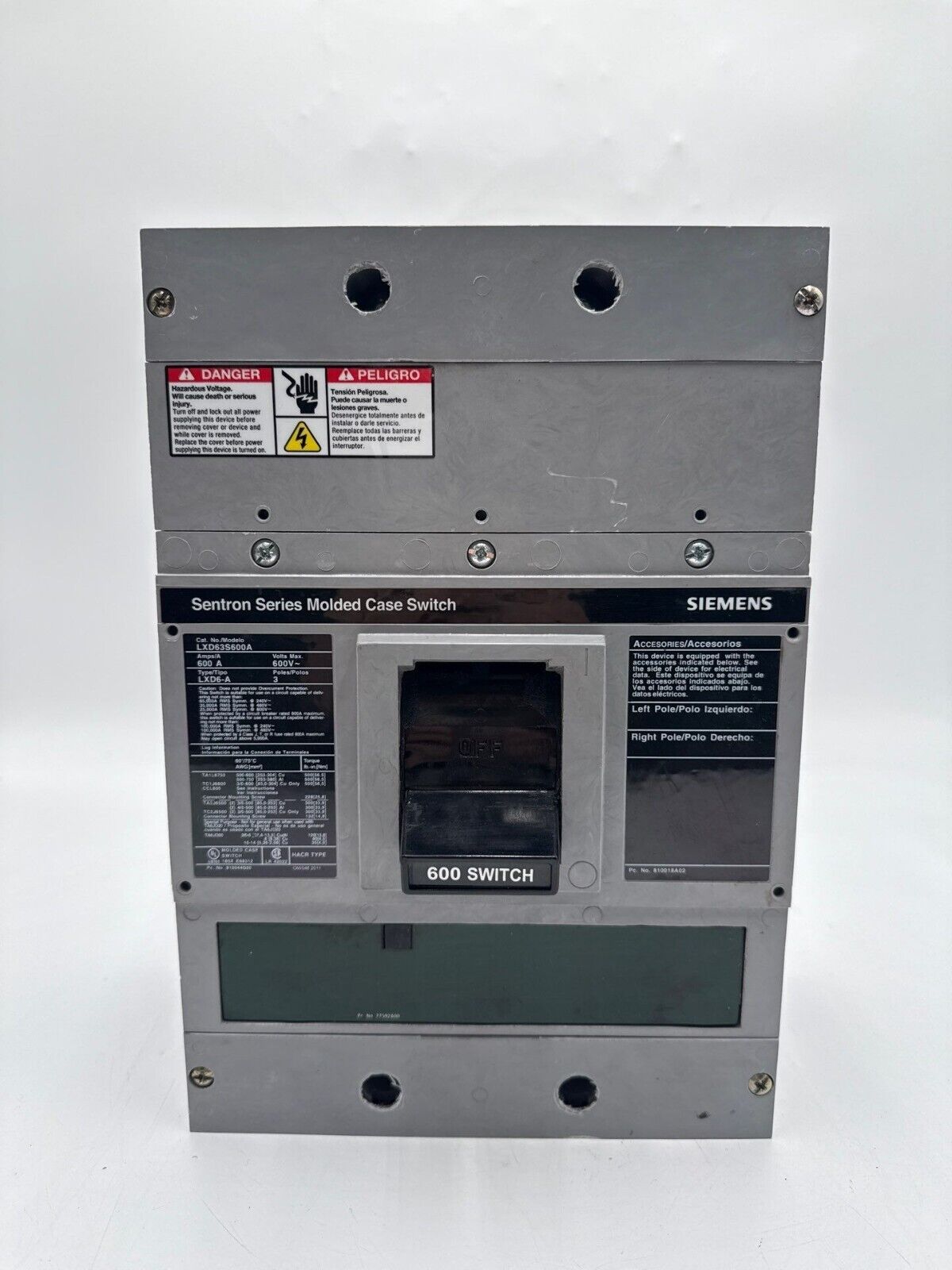Siemens LXD63S600A Circuit Breaker Switch 600A 3P 600V LXD6-A 600 Amp 3 Pole