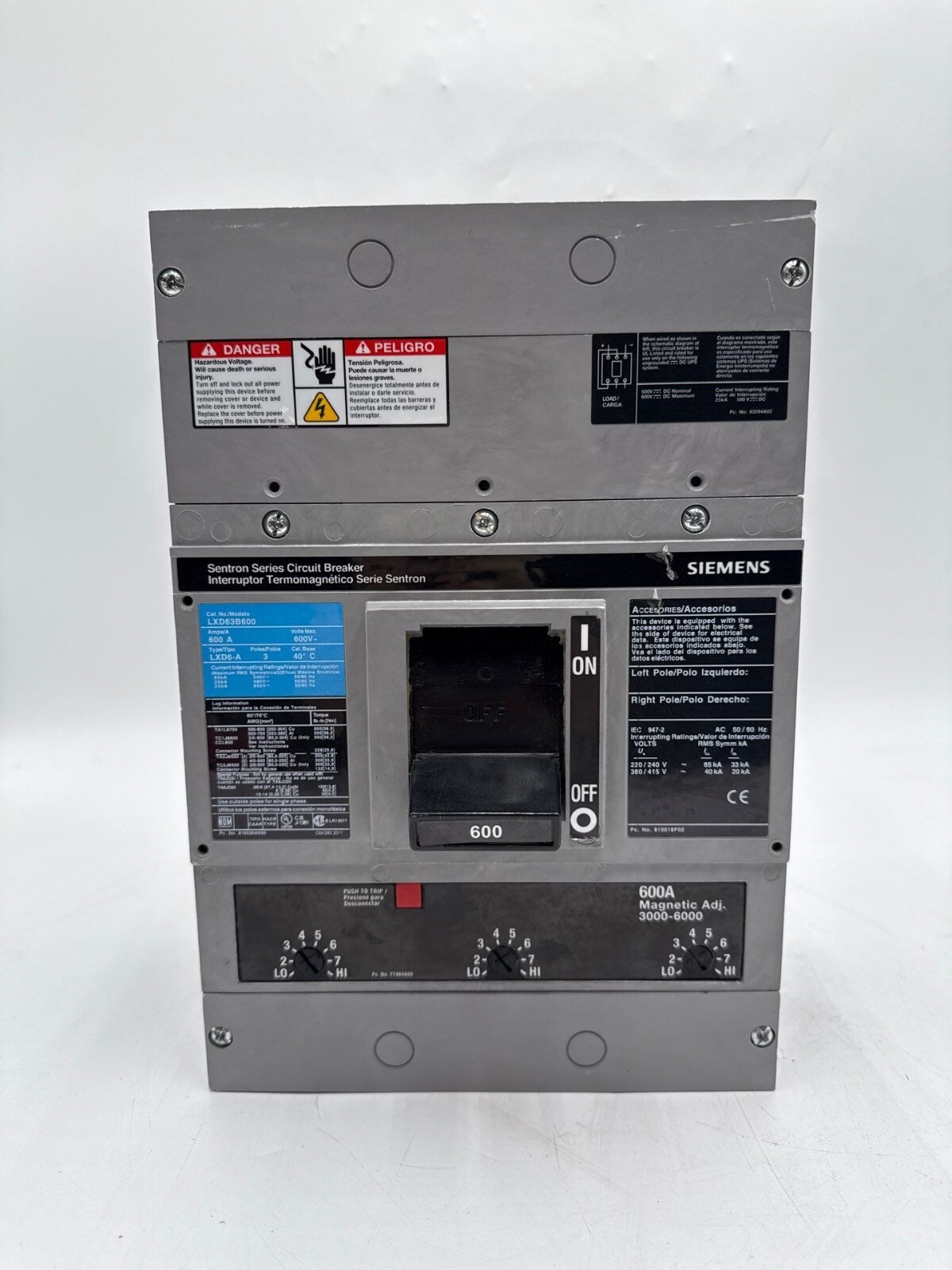 Siemens LXD63B600 Circuit Breaker 600A 3P 600V 3PH LXD6-A 600 Amp 3 Pole LXD