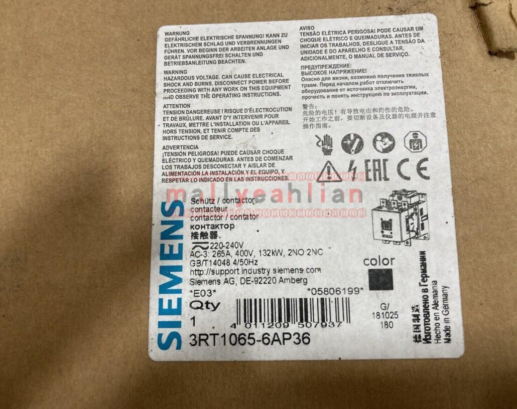 1PC NEW Siemens 3RT1065-6AP36 POWER CONTACTOR AC-3 265A 132kW/400V