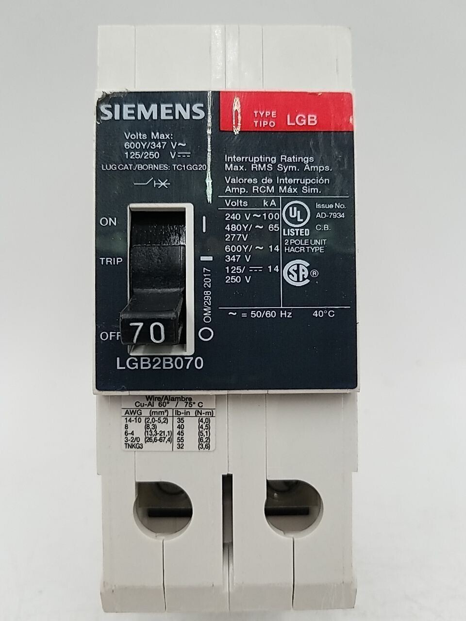 Siemens LGB2B070 Circuit Breaker 70A 2P 600V 1PH LGB 70 Amp 2 Pole New